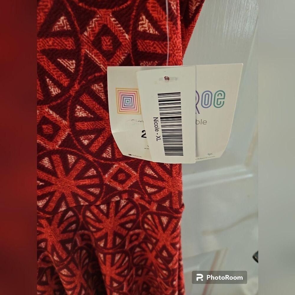 LulaRoe Nicole Dress Orange Red Burgundy Wheel print fit flair sz L - Picture 5 of 5
